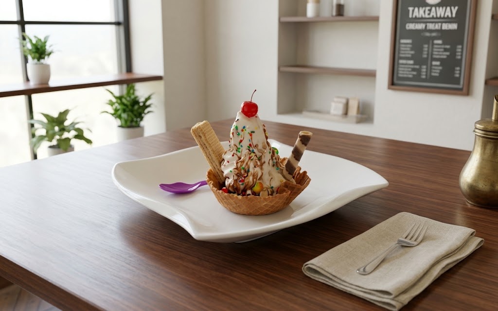 Signature soft-serve ice cream cup with colorful sprinkles and sweet strawberry drizzle