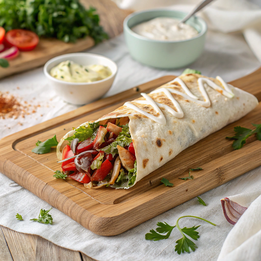 Double-wrapped toasted shawarma cut diagonally showing rich seasoned meat filling