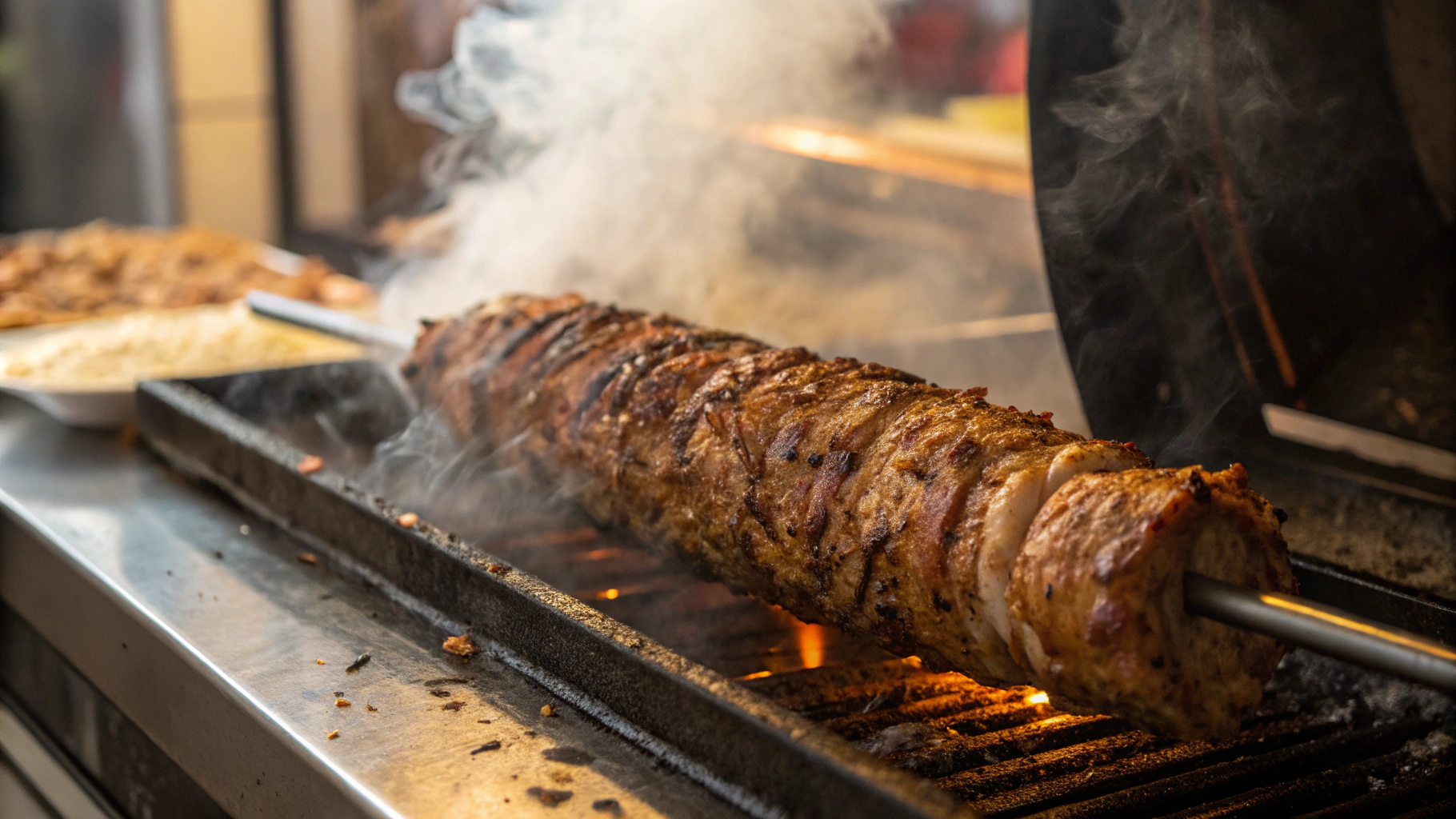 Chef butter-grilling spice-marinated meats for shawarma