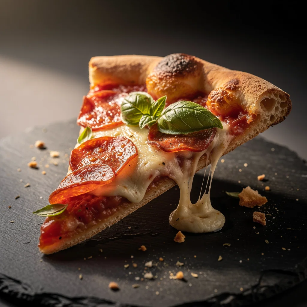 Hot gourmet pizza slice pulling stretched melted mozzarella cheese with herb toppings
